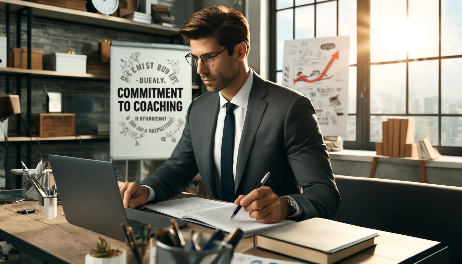 DALL·E 2024-06-03 14.49.13 - A professional coach in a modern office setting, deeply focused and engaged. The coach is sitting at a desk with motivational quotes and coaching mate